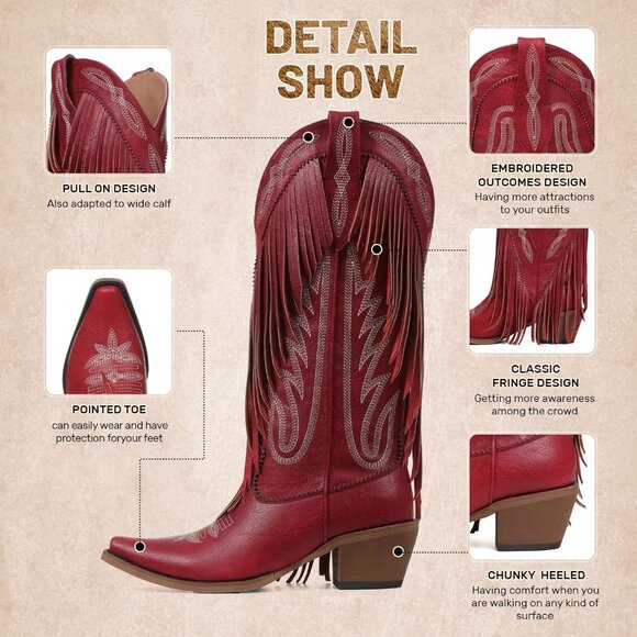 Women's Red Fringe Knee High Cowgirl Western Boots with Embroidery Pointed Toe - Picture 6 of 6
